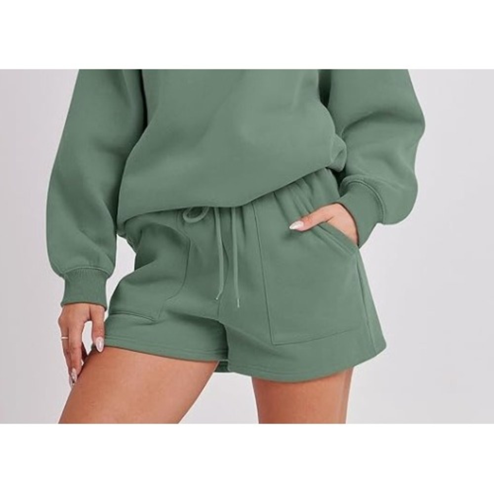 Anrabess Women Sage Green High Waisted Fleece Sweat Shorts Size Small Drawstring